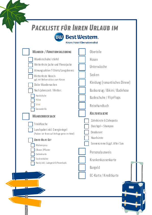 Packliste für Ihren Erwachsenenurlaub Best Western Ahorn Hotel Oberwiesenthal